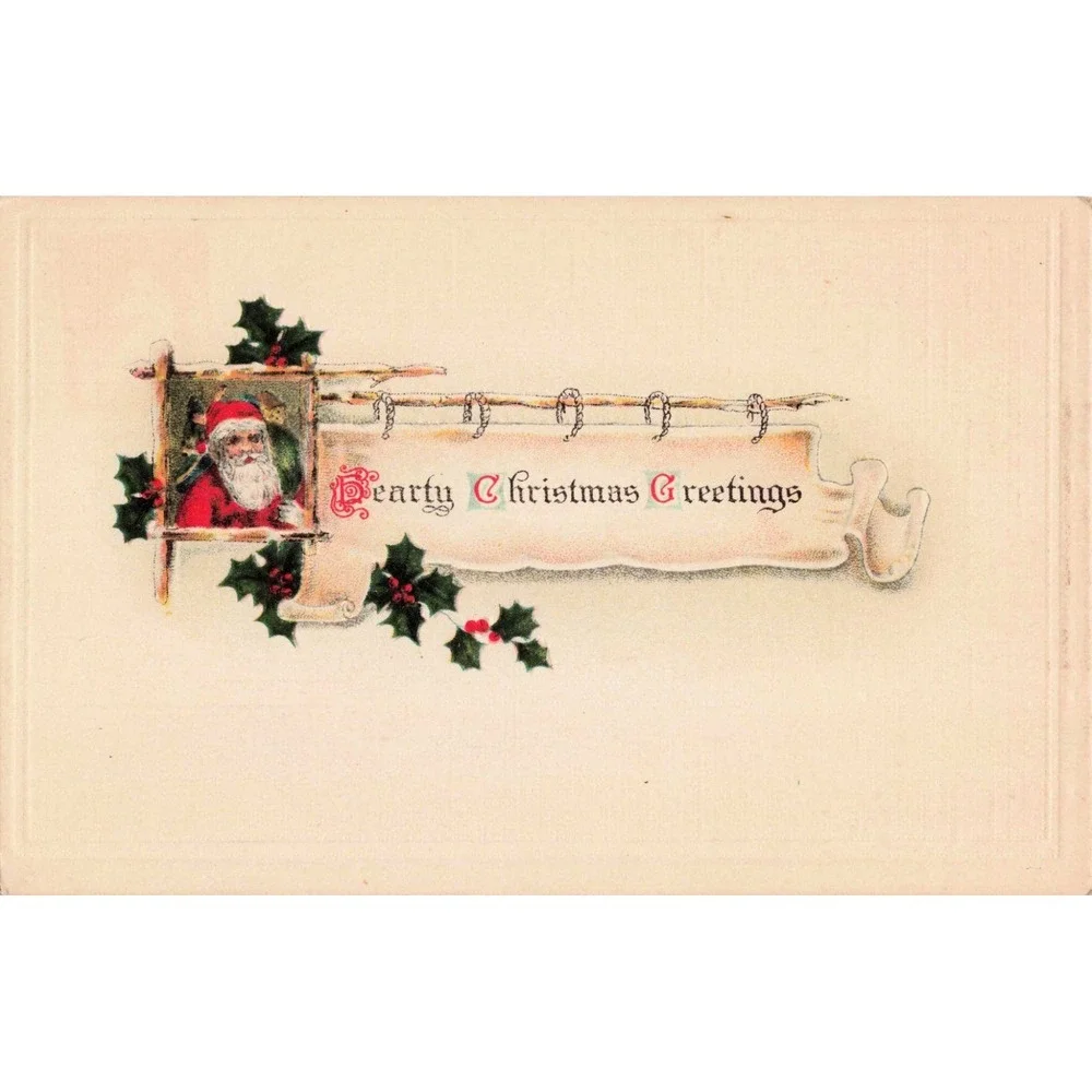 Vintage 1917 Hearty Christmas Greetings Postcard Santa Claus WWI Slogan Stamp